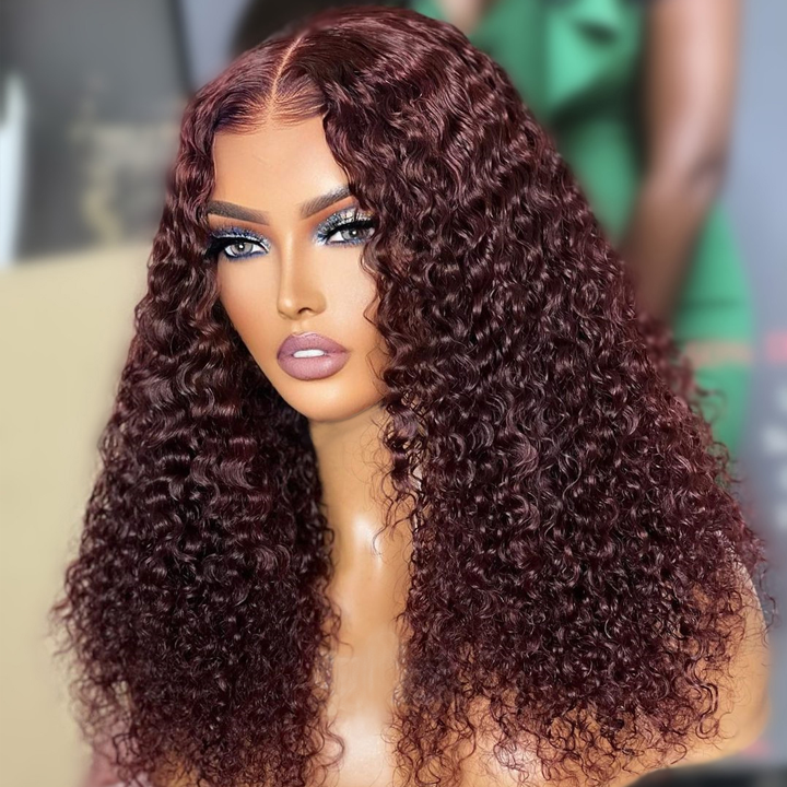 Spanish Curly Colored Wigs Burgundy 13x4 HD Lace Wig Transparent Human Hair Wigs Pre plucked Hairline-Geeta Hair