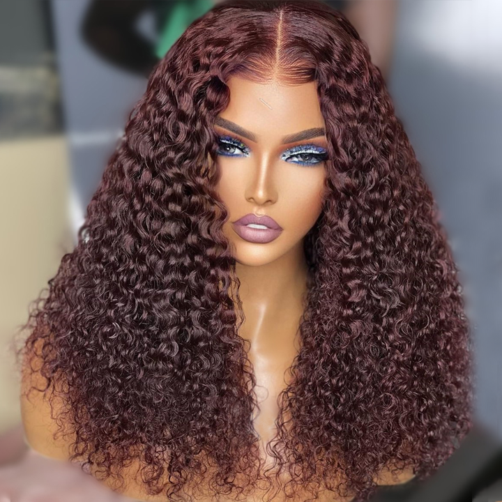 Spanish Curly Colored Wigs Burgundy 13x4 HD Lace Wig Transparent Human Hair Wigs Pre plucked Hairline-Geeta Hair