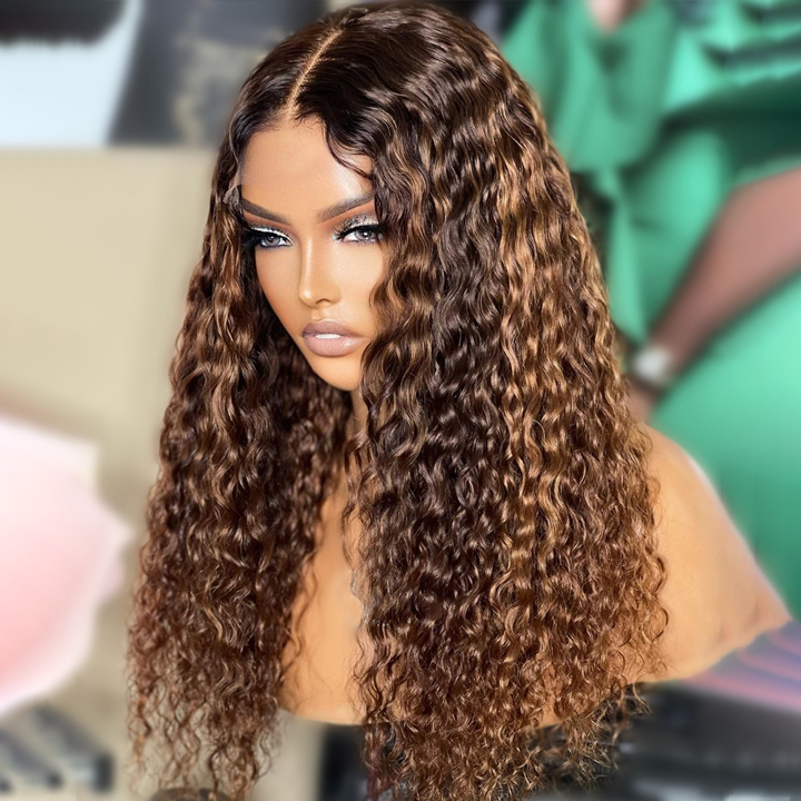 Honey Blonde Highlight Spanish Curly HD Lace Front Wig Glueless Curly Human Hair Wigs Highlights Brown Wig