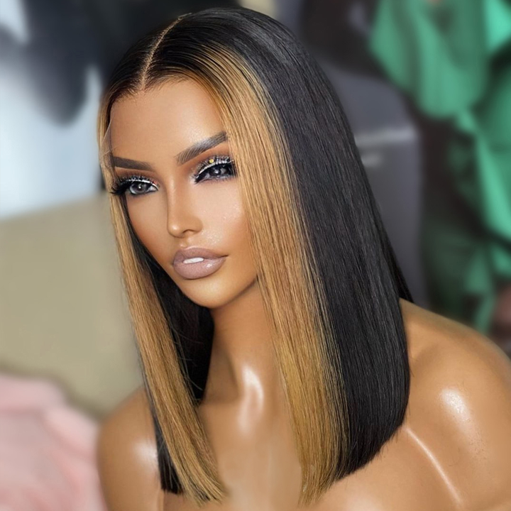 Geeta Skunk Stripe Bob Wig 13x4 Blond Highlight Straight Bob Lace Front Wigs Short Human Hair Bob Wigs