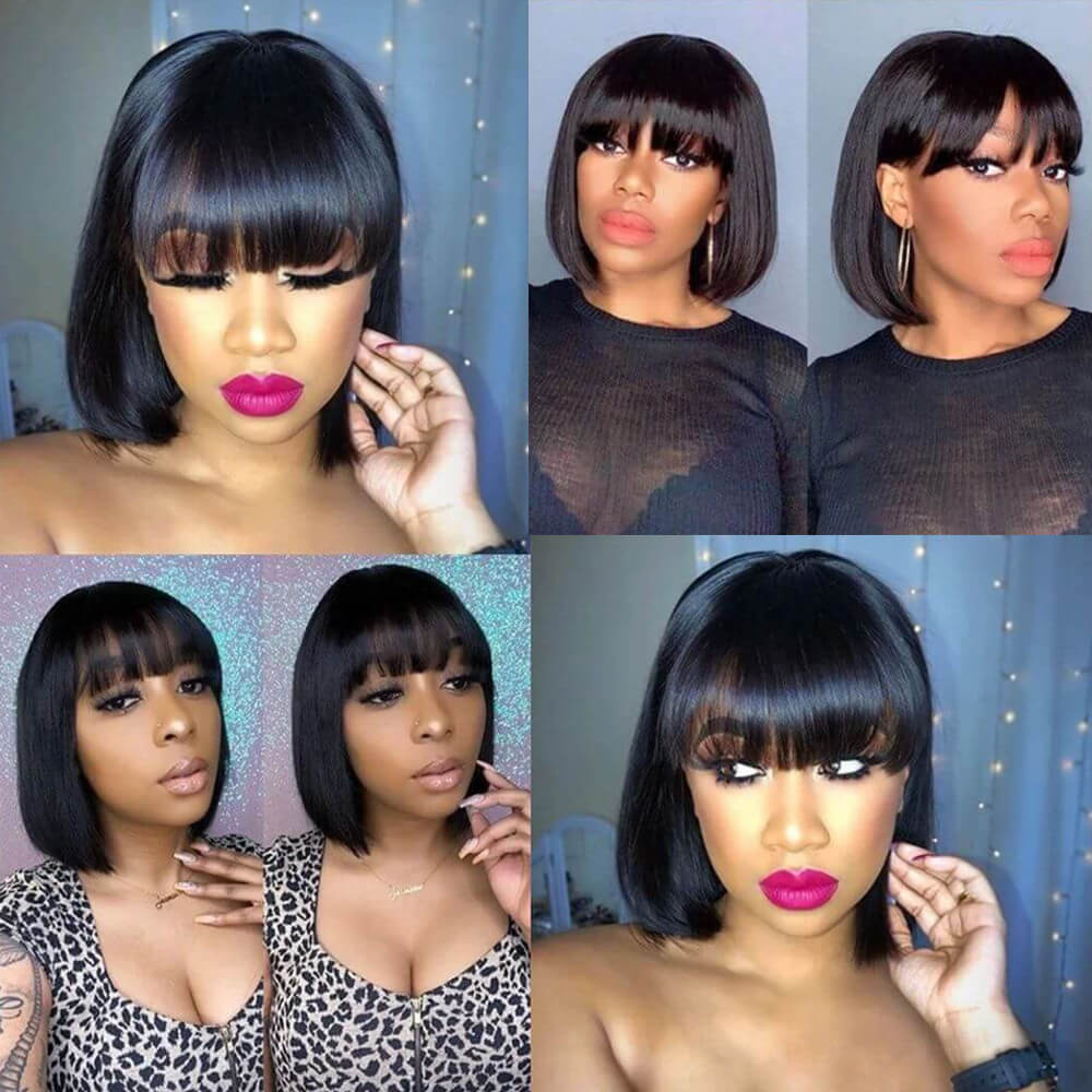 Bogo Sale: $99= 10" Bob Straight Wig With Bangs Natural Color + 10" Bob Straight Wig With Bangs Ombre Color
