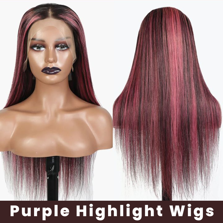 Highlight Purple Straight HD Transparent Lace Front Wig Highlights Pre Plucked Hairline Human Hair Wigs